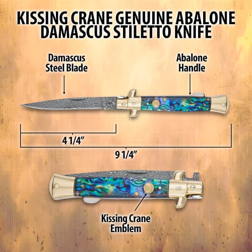 Kissing Crane Genuine Abalone Damascus Stiletto Knife