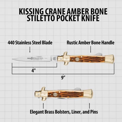 Kissing Crane Amber Bone Stiletto Pocket Knife with blade and handle dimensions
