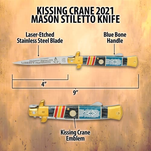 The knife has a razor-sharp, 4” stainless steel blade with laser-etched Masonic artwork and a mirror-polished finish