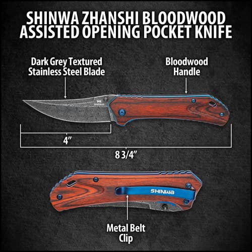 Shinwa Zhanshi Bloodwood Assisted Opening Pocket Knife - Stainless Steel Blade, Wooden Handle Scales, Blue Liners And Pocket Clip