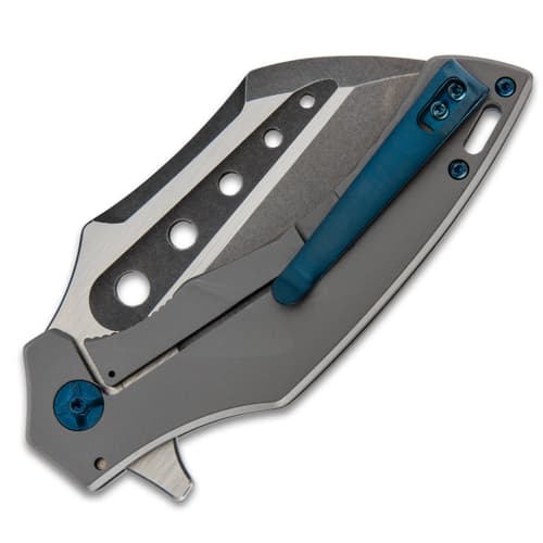 Closed hawk-bill pocket knife with blue ball bearing and blue pocket clip.