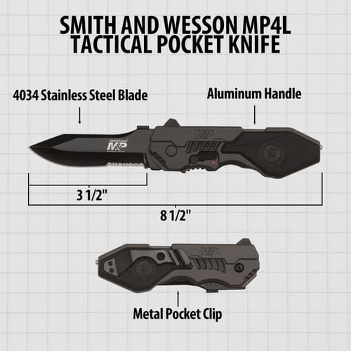 Diagram of Smith & Wesson MP4L tactical pocket knife with dimensions