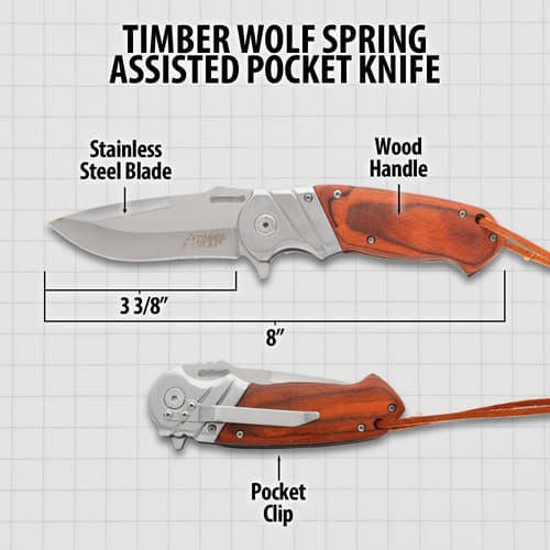 Diagram of Timber Wolf pocket knife with dimensions and features
