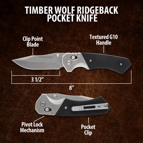 Diagram of Timber Wolf Ridgeback pocket knife with labels