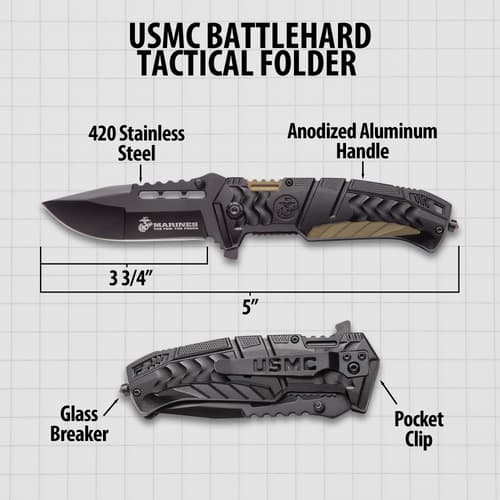 Diagram of USMC tactical folder knife with specifications