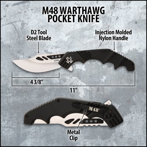 This knife has a massive 4 3/8” D2 tool steel blade with notching on the spine and a black oxide coated and bead-blasted finish