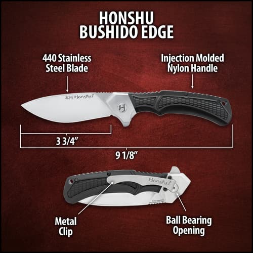 Dimension shot of the Honshu Bushido Edge Pocket Knife open and closed.