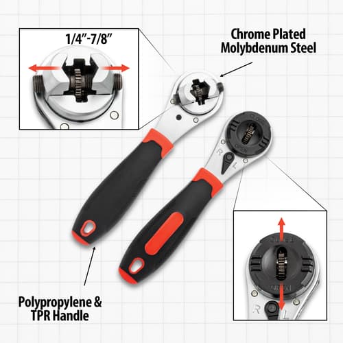 A close-up view of the features of the ratchet wrench