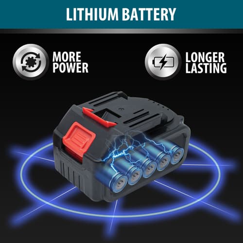 A close-up look at the electric chainsaw's lithium battery