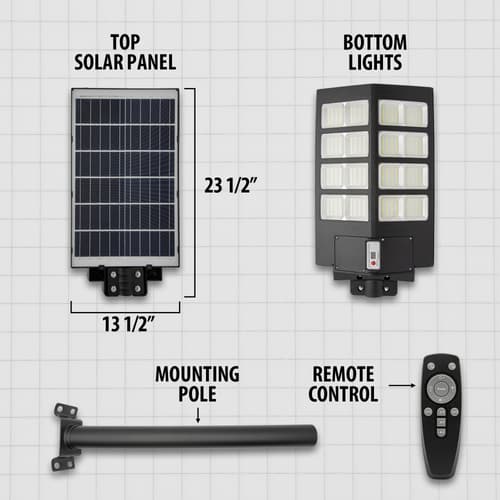 Details and features of the Solar Powered Security Light 19,200 Lumens.