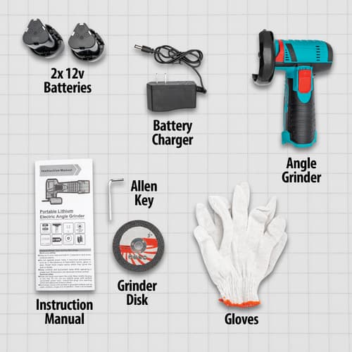 The included accesories are shown including a charger, batteries, glove and tool.