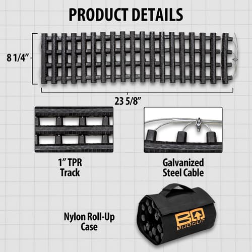 The BugOut Roll-Up Traction Tracks Product Details are shown, showing the tracks are 32” long and 8 1/2" wide with 1” thick track links and galvanized steel cable.