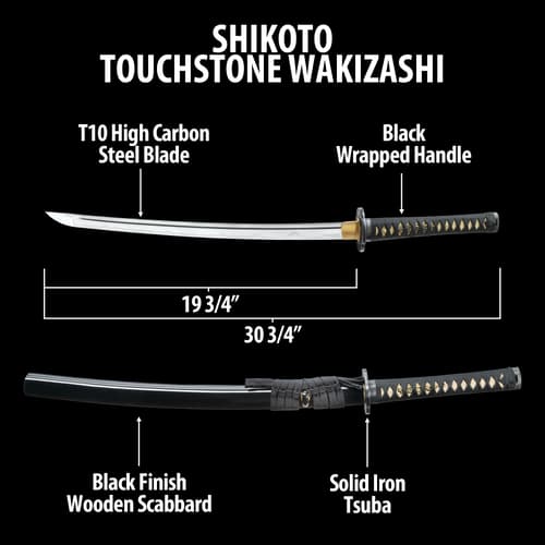 Shikoto Touchstone Handmade Wakizashi / Samurai Sword - Hand Forged Clay Tempered T10 High Carbon Steel - Ray Skin; Iron Tsuba; Certificate of Authenticity - Functional, Full Tang, Battle Ready