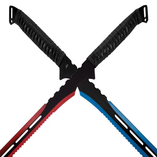 Colbat blue and crimson red twin sword set with razor sharp stainless steel blades with black rope wrapped handles overlapping