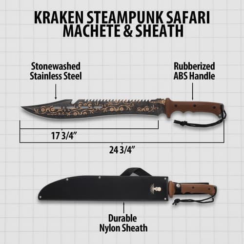 Diagram of machete and sheath with dimensions and materials