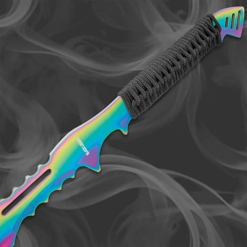 Black Legion Atlantis Fantasy Sword With Sheath - One-Piece Stainless Steel Construction, Rainbow Titanium Coating, Black Cord-Wrap - Length 28”