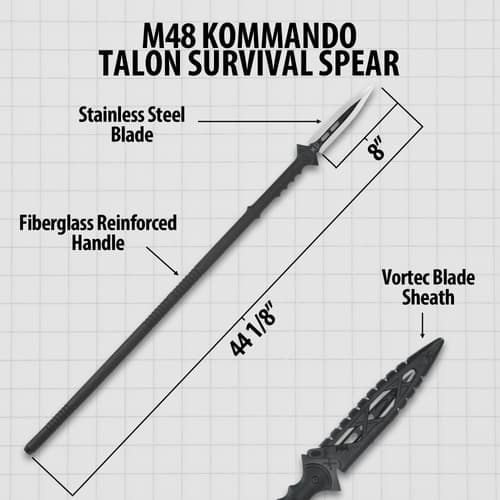 M48 8 inch stainless steel blade pierced into the ground displaying survival spear