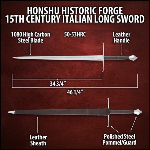 Detailed view of the piercing point of the Italian Long Sword’s 1065 carbon steel blade.