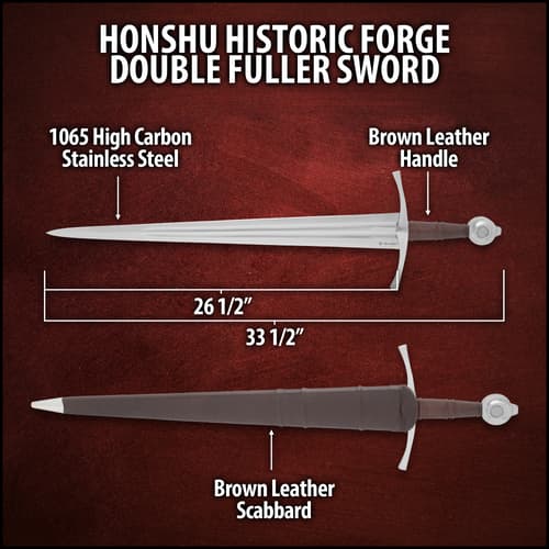 Detailed view of the piercing point of the Double Fuller Sword’s 1065 carbon steel blade.
