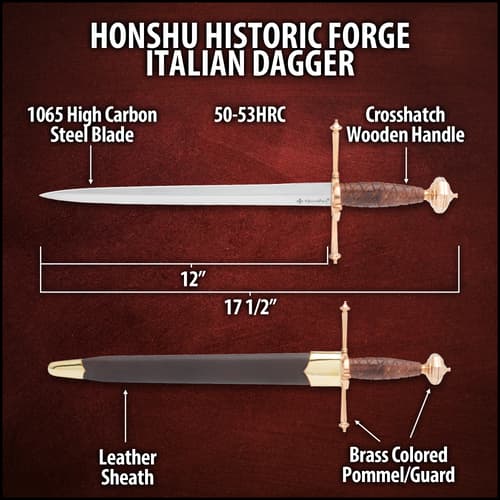 A zoomed look at the piercing point of the Honshu Historic Forge Italian Dagger’s 1065 carbon steel blade.