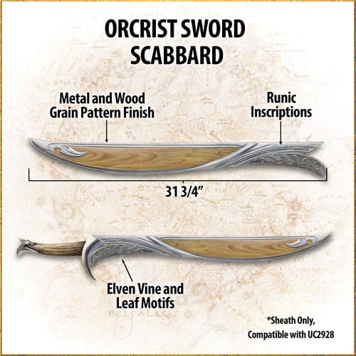 Diagram of Orcrist sword scabbard with measurements and motifs