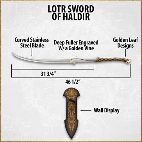 Diagram of LOTR Sword of Haldir with measurements and details
