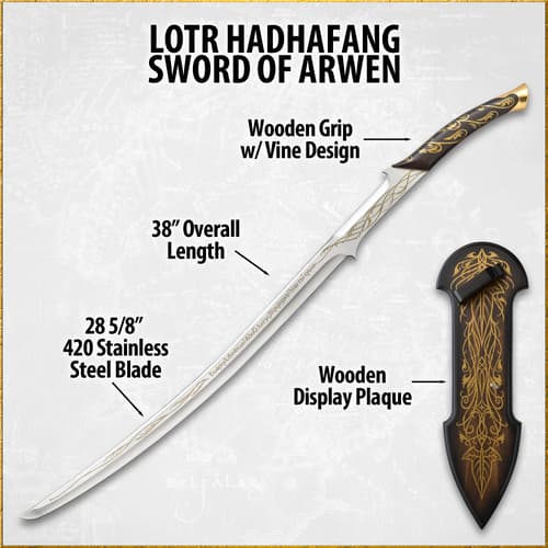 Diagram of Arwen's sword with specifications and plaque