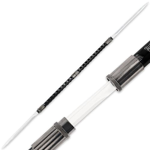 Black and silver metal twin ninja sword set locked together while showing slight peeking of stainless steel blade