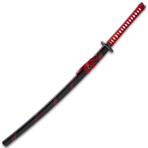 The 41” overall katana slides smoothly into a black lacquered wooden scabbard, accented with red cord-wrap