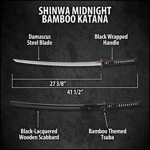 The high-quality katana has a 27 3/8”, keenly sharp Damascus steel blade, which extends from a brass habaki