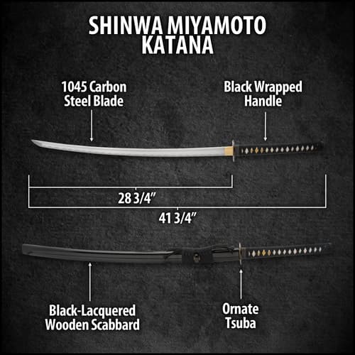 The wooden handle is wrapped in genuine rayskin and black cord and the tsuba is in the Miyamoto Musashi design