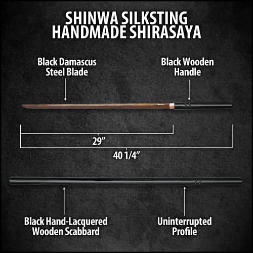 Shinwa SilkSting Handmade Shirasaya / Samurai Sword - Exclusive, Hand Forged Black Damascus Steel; Hand Lacquered Hardwood - Sleek Style, Ninja Stealth - Functional, Battle Ready - Full Tang Tanto