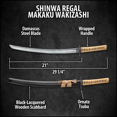 Shinwa Regal Makaku Wakizashi / Samurai Sword - Hand Forged Damascus Steel - Custom Cast Macaque Monkey Tree Tsuba  - Genuine Ray Skin; Hand Lacquered Saya - Fully Functional, Battle Ready, Full Tang