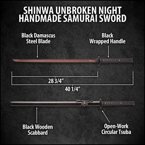 Shinwa Unbroken Night Handmade Katana / Samurai Sword - Hand Forged Black Damascus Steel - Razor Sharp, Full Tang - Fully Functional, Battle Ready, Ninja Sleek - Faux Ray Skin