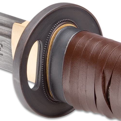 Shikoto Rurousha Handmade Katana / Samurai Sword - Hand Forged Damascus Steel; Engraved Kanji, Twin Fullers, Unique Genuine Leather Wrapping, Cast Tsuba - Functional, Battle Ready, Full Tang Tanto