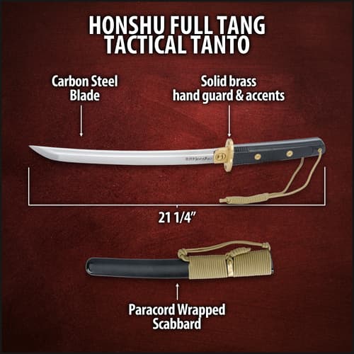 Diagram of Honshu full tang tactical tanto with features labeled