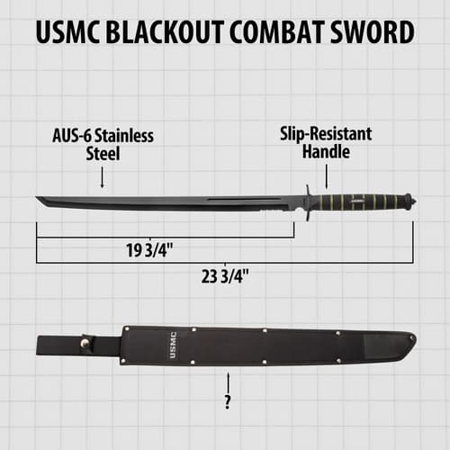 Zoomed view of the sword&rsquo;s rubberized injection molded handle with textured grip that has &ldquo;USMC&rdquo; printed in the middle.