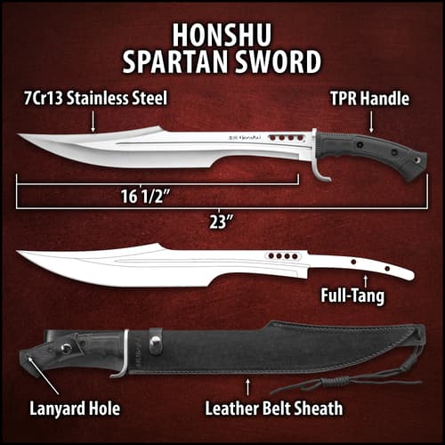 Honshu Spartan Sword And Sheath - 7Cr13 Stainless Steel Blade, Grippy TPR Handle, Stainless Steel Guard - Length 23”