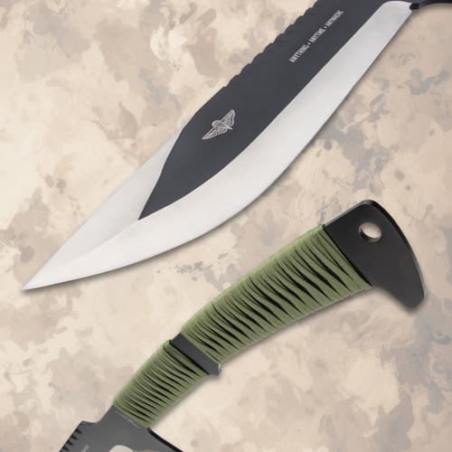 Close-up of knife blade and green handle