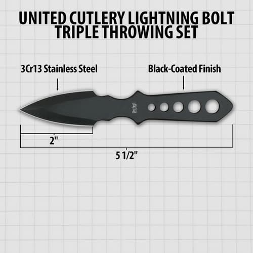 Lightning Bolt knife diagram labeling 3Cr13 stainless steel, black coating, a 2-inch blade and 5.5-inch overall length