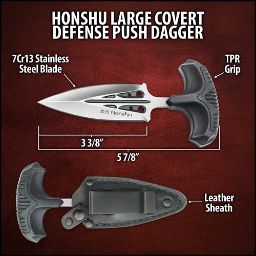 Honshu Large Covert Defense Push Dagger And Sheath - 7Cr13 Stainless Steel Blade, Molded TPR Handle - Length 5 7/8”