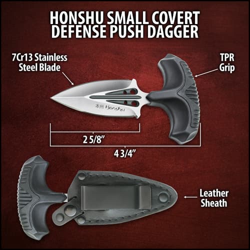 Honshu Small Covert Defense Push Dagger And Sheath - 7Cr13 Stainless Steel Blade, Molded TPR Handle - Length 4 3/4”