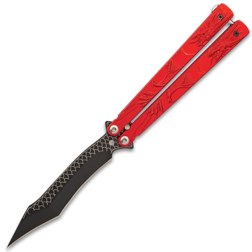 Red Dragon Butterfly Knife - Stainless Steel Blade, Molded Steel Handle, Latch Lock, Double Flippers - Length 9 1/4”