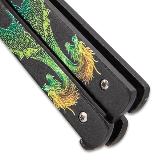 Twin Dragons Green And Yellow Butterfly Knife - Stainless Steel Blade, Solid Handle, Vivid Artwork, Latch Lock - Length 8 3/4”