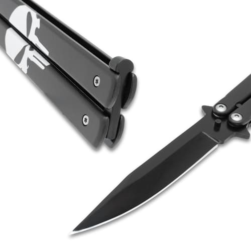 A view of the butterfly knife's handle and blade