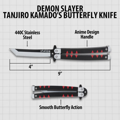 Diagram of butterfly knife with measurements and anime design details