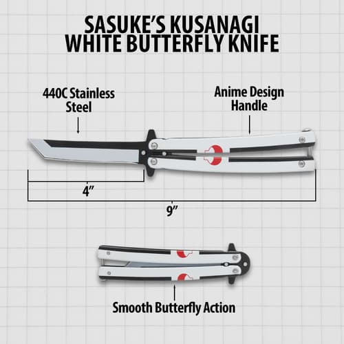 Diagram of white butterfly knife with measurements
