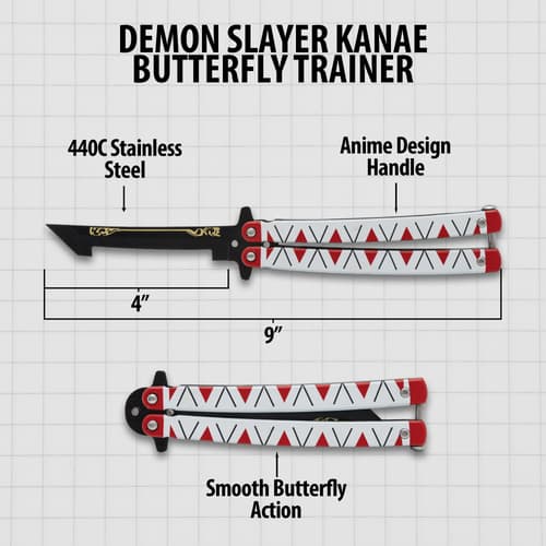 Diagram of butterfly knife with measurements and features