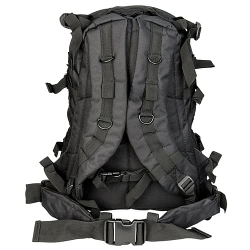 Back view of a black tactical backpack with straps