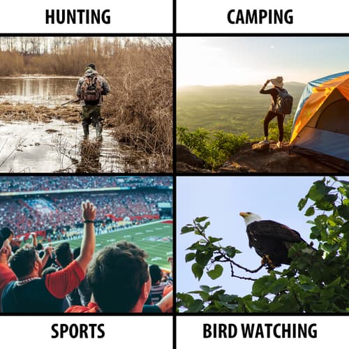 A picture showing different uses such as hunting, camping, sports and bird watching.